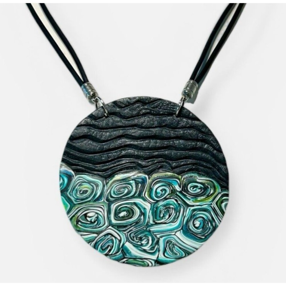Handmade Blue & Black Abstract Nautilus Polymer Clay Large Pendant Necklace Cord